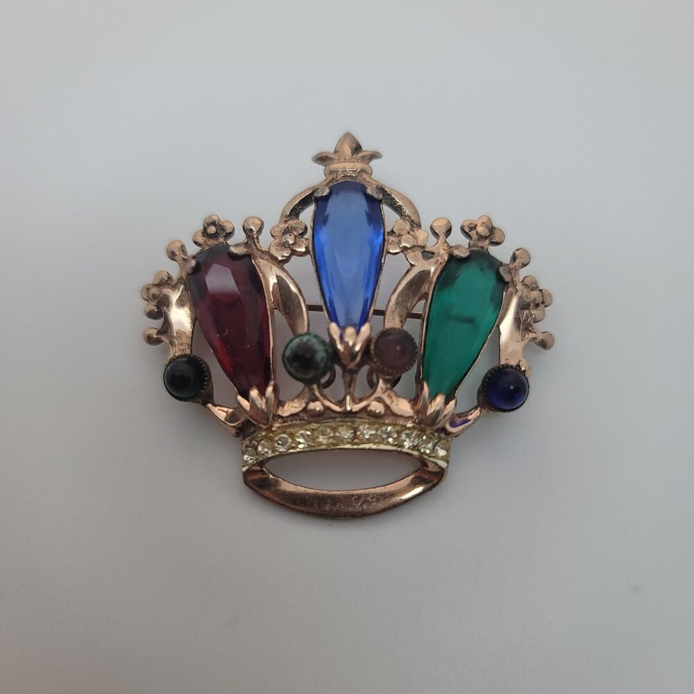 Vintage Rhinestone, Jelly Belly & Sterling Crown Brooch